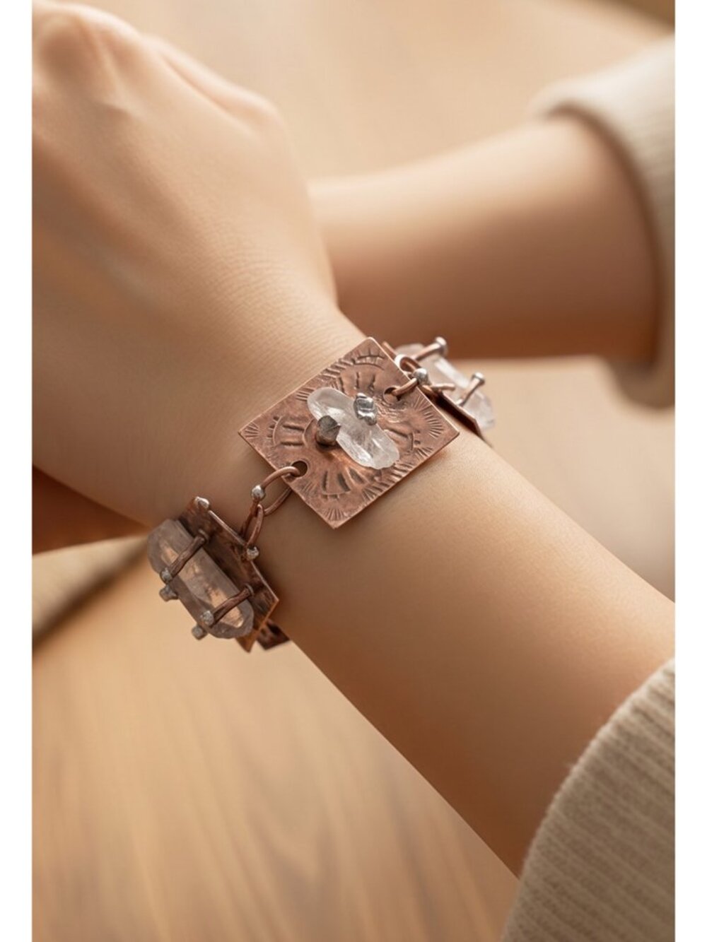 Copper & Quartz Crystal Bracelet | Hammered Plates | Adjustable | Alma Antigua